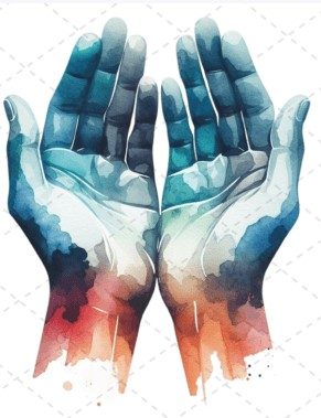 Watercolor-painted hands in peaceful position